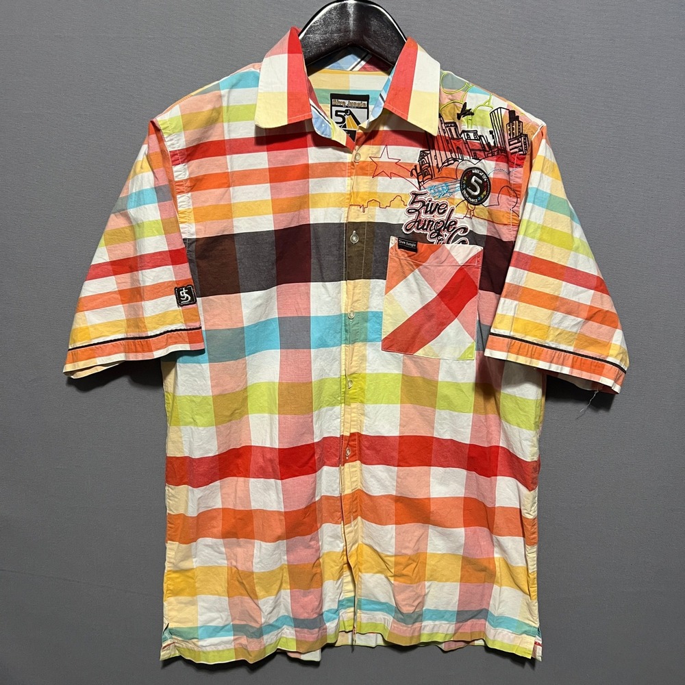 Five Jungle & Co Mens Large Short Sleeve Plaid Button Down Shirt Multicolor Y2K